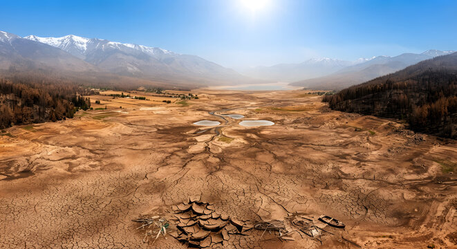 Aerial view of dry landscape with mountains under sunny blue sky