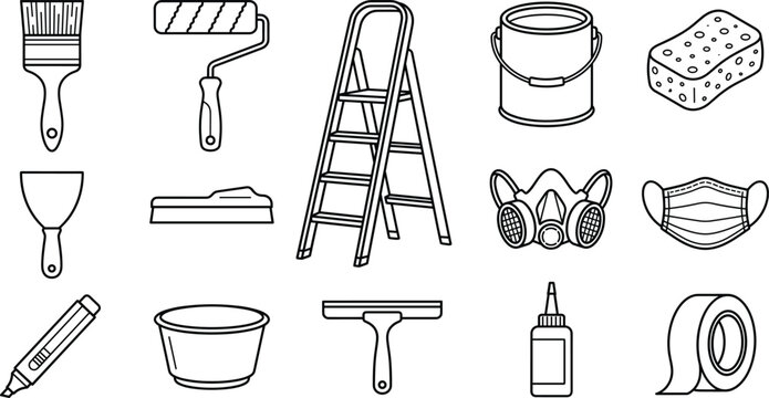 Home renovation and painting tools outline icons set featuring paintbrush roller ladder paint bucket and mask vector