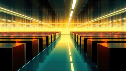 Fototapeta premium Futuristic corridor. Bright lines create perspective. Dark walls contrast warm illumination. Minimalist design evokes digital space.