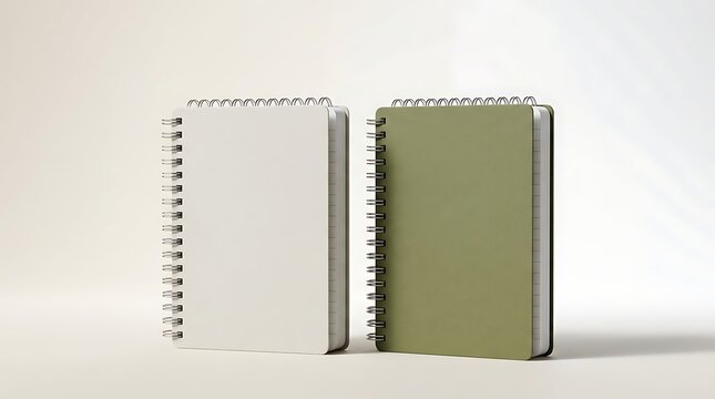 Two spiral notebooks with blank covers standing upright for office work and school supplies
