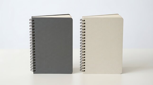 Two spiral notebooks with grey and light beige covers standing side by side for note taking