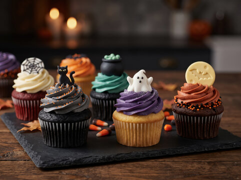 Halloween Cupcakes with Spooky Frosting Decorations, Ghost, Spider and Pumpkin Toppers on Rustic Wooden Table