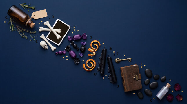 Halloween Flat Lay Background with Potion Bottle, Spell Book, Candles and Spooky Decorations on Dark Blue Copy Space