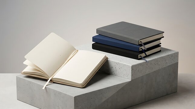 Open notebook with blank pages next to a stack of three closed notebooks on concrete blocks