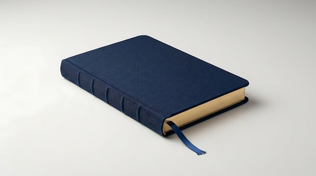 A closed blue leather journal with a gold edge and a bookmark ribbon laying on a flat surface