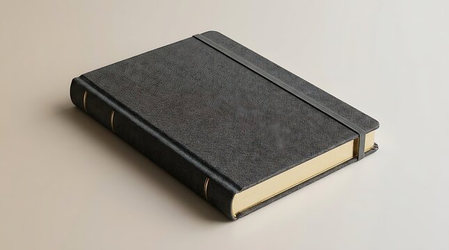 Closed black notebook with elastic band closure lying on a simple clean desk surface view