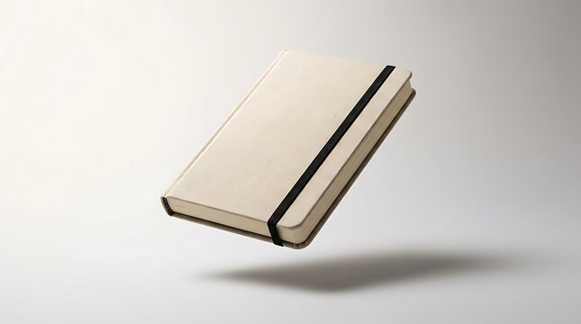A closed beige notebook with a black elastic band floating in the air for business design