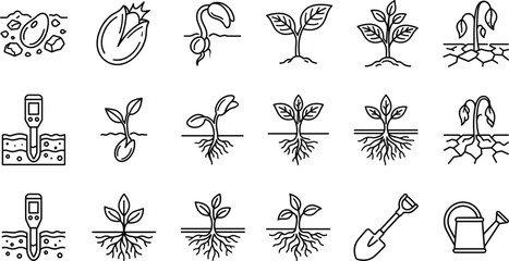 Plant growth stages and agriculture outline icons set featuring seed sprouting roots withered crop and tools vector © AKTAR