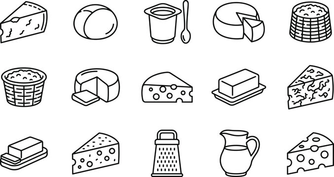 Dairy products and cheese outline icons set featuring milk jug butter yogurt grater cottage cheese wheel vector