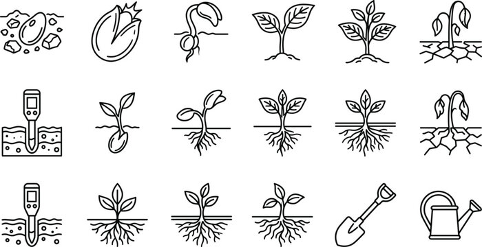 Plant growth stages and agriculture outline icons set featuring seed sprouting roots withered crop and tools vector