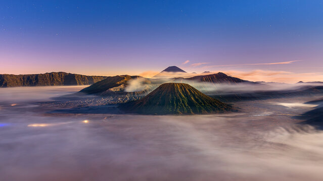 Long exposure of Mount Bromo volcano at night (Gunung Bromo)in Bromo Tengger Semeru National Park, East Java, Indonesia.