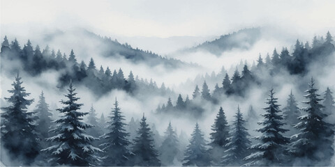 Misty coniferous forest landscape with layers of pine trees shrouded in deep morning fog mountain landscape evergreen © Musafir