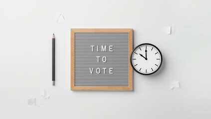Voting time. Democratic idea. Flat lay of message board and clock. Election day. Simple design.