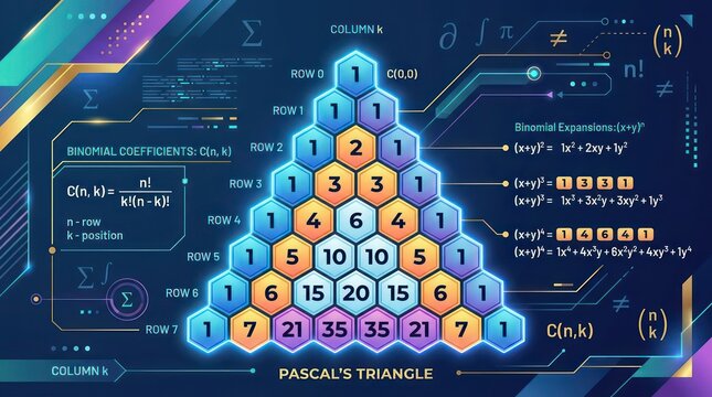 Comprehensive infographic of pascals triangle with binomial expansion and math formulas.