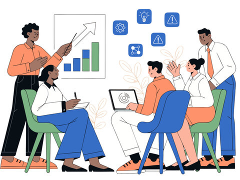 Business professionals collaborating on data analytics, renewable energy, and smart city technology projects. Flat vector illustration team workshop, isolated on white background.