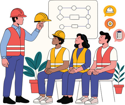 Business professionals collaborating on data analytics, renewable energy, and smart city technology projects. Flat vector illustration team workshop, isolated on white background.