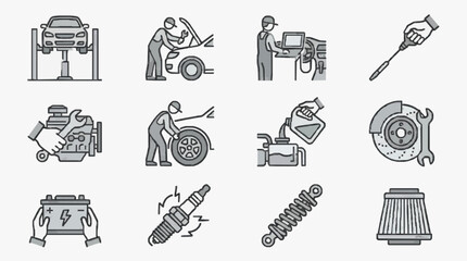 Fototapeta premium Dynamic Black and White Line Illustrations of Essential Car Maintenance and Repair Tasks with high quality professional line art symbols for modern creative design and digital branding projects