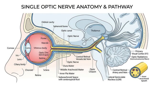 Medical illustration showing optic nerve anatomy pathway and central retinal vessel system.
