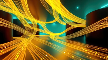 Fototapeta premium Abstract digital rendering. Bright yellow lines weave through dark space, illuminated by turquoise glow. Futuristic, dynamic composition.