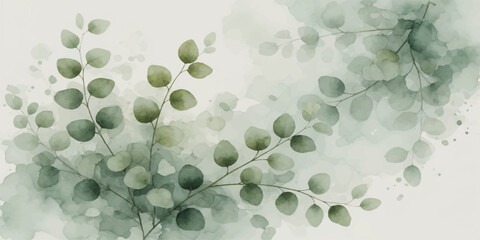 Green watercolor eucalyptus leaves illustration on light background with watercolor texture nature art work © Musafir