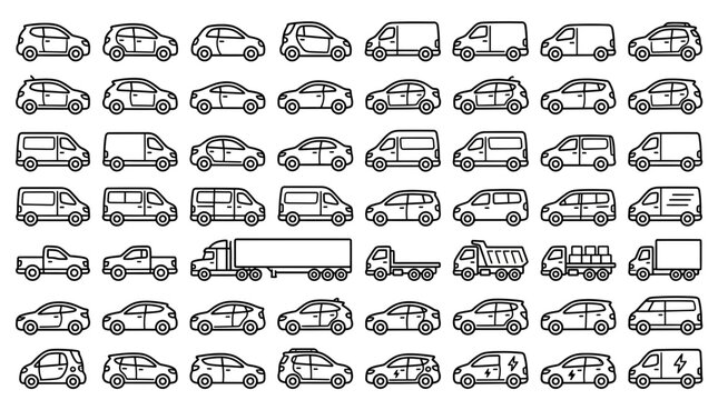 Diverse Vehicle Icons Collection: Cars, Trucks, Vans - Line Art