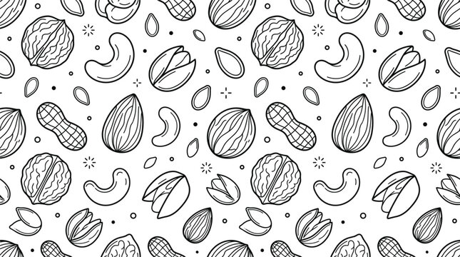 Nuts seamless pattern background line art featuring almond walnut cashew peanut pistachio and hazelnut vector illustration