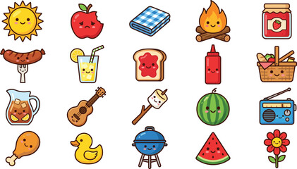 Fototapeta premium Cute Summer Picnic Icon Set with Sun Apple Watermelon and BBQ Elements Kawaii Cartoon Vector Illustration for Prints