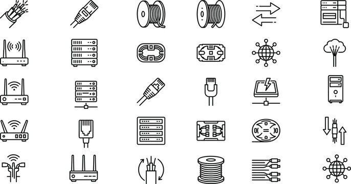 Data center network and server hardware outline icons set featuring routers cables switches and cloud data elements vector