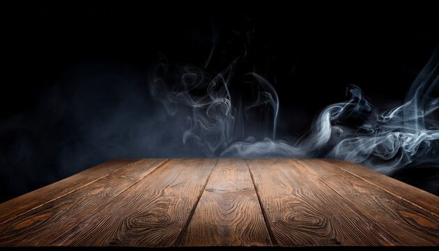 Mesa De Madera Vacia Con Humo Flotante Sobre Fondo Oscuro