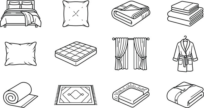 Home textile and bedding outline icons set featuring comfortable mattress curtains rug pillow and bathrobe elements vector