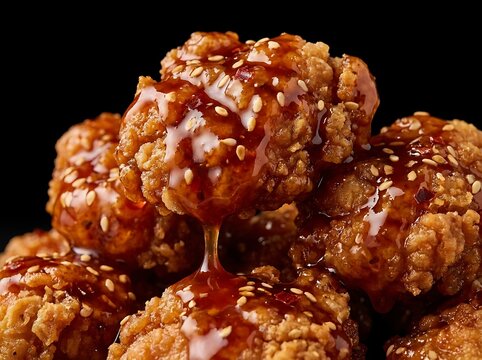 Delicious homemade meatballs covered in spicy red chili sauce and sesame seeds on a black background. general tso