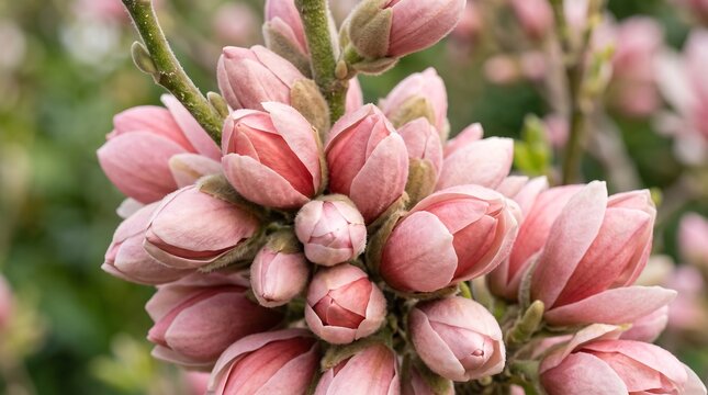Delicate light pink magnolia flower buds clustered tightly on a branch outdoors