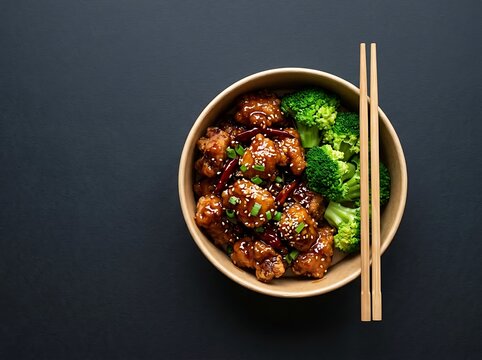 A bowl of delicious stir fry beef with fresh green broccoli served with wooden chopsticks on black. general tso