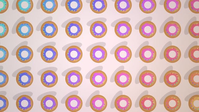Grid of colorful glazed donuts in a vibrant gradient pattern