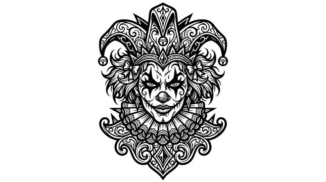 Scary Clown Face with Ornate Jester Collar and Hat - Black and White Illustration