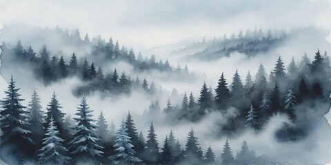 Misty evergreen forest hills in cold atmospheric fog with nature background landscape background pine forest seasonal © Musafir