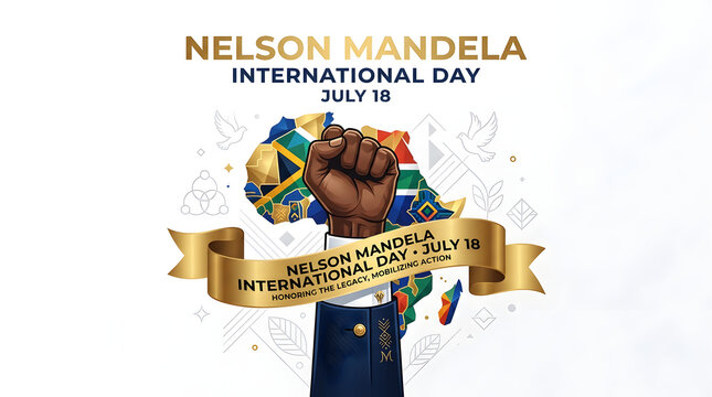 Nelson mandela international day graphic with hand and african continent map silhouette, continent