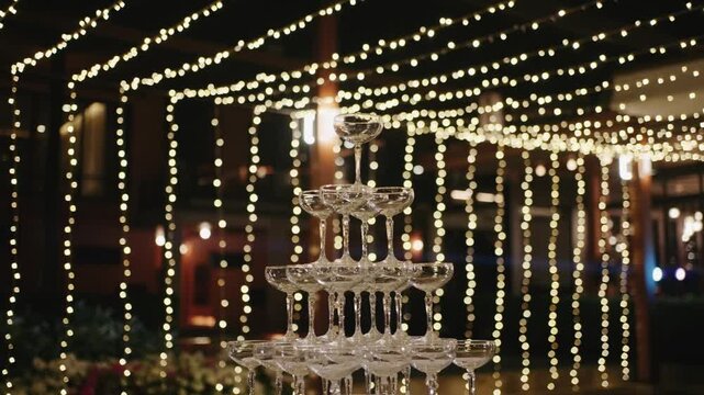 An elegant outdoor wedding reception dinner setup on a beach at dusk, featuring beautifully decorated long wooden tables with white floral centerpieces, candles, and warm overhead string lights.