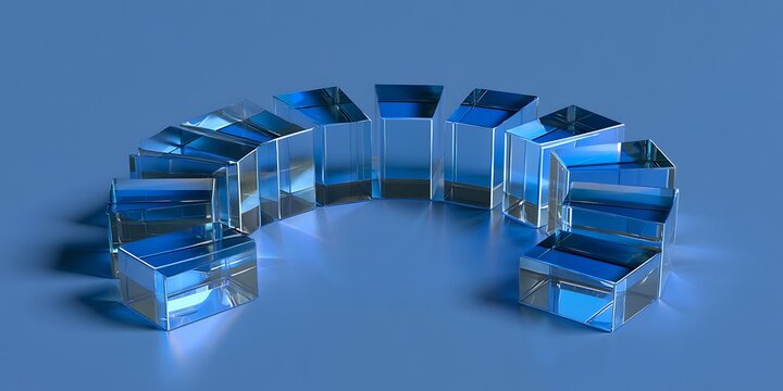 Cyber elements made of transparent glass and liquid acrylic purple blue glow on black backdrop cinematic tech background design cover art visuals 3d rendering