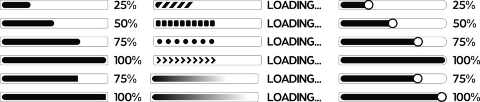 Loading Progress Bar Collection, Download Status and Loading Indicator UI Vector Set