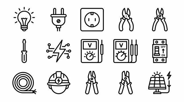 Electricity symbols and tools icons set.