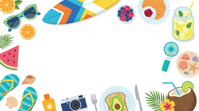 A vibrant flat-lay vector illustration featuring summer essentials like fruit, beach gear, and breakfast surrounding a white central space.