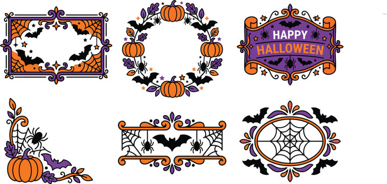 Decorative halloween frames and borders with spider web bats pumpkins and fall leaf design vector.
