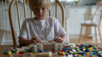 Obraz premium A child alone in a summer kitchen builds an elaborate LEGO bridge between two kitchen chairs to cure afternoon boredom, a half-eaten popsicle melting forgotten nearby, warm indoor