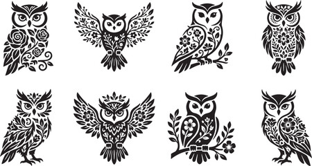 Obraz premium Detailed ornate owl silhouette collection for bohemian t shirt prints