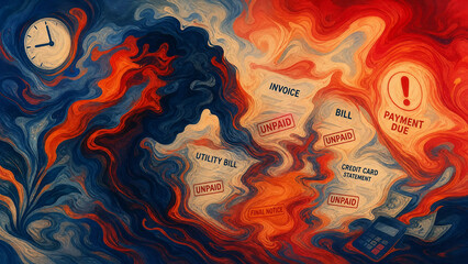 Obraz premium Financial stress and debt concept with floating unpaid bills, final notice, and payment due warning in dramatic swirling blue and red abstract art