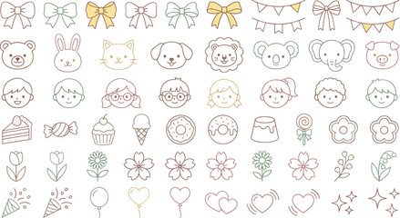 Obraz premium Cute Line Art Doodle Icon Set with Bow Animal Face and Flower Elements Hand Drawn Vector Illustration for Kids Design
