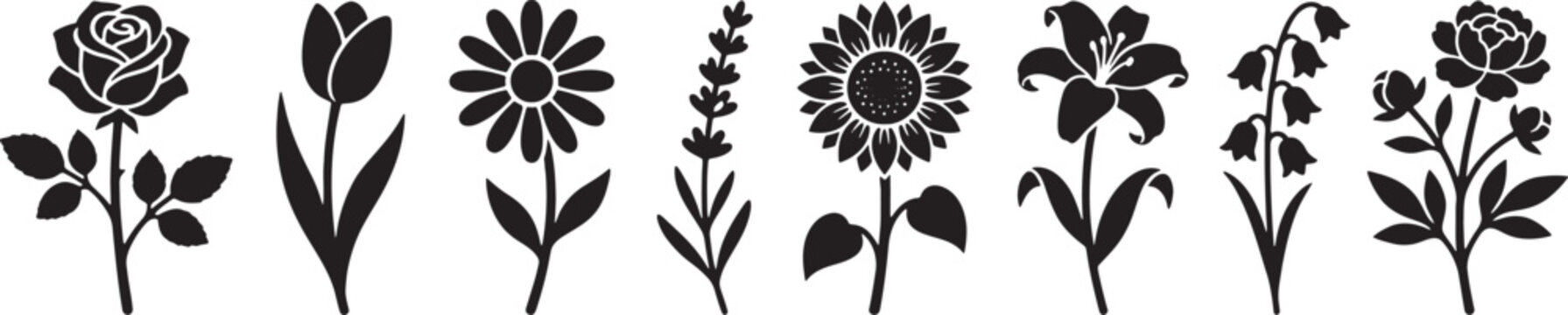 Tall slender meadow flower stems silhouette collection for wall borders