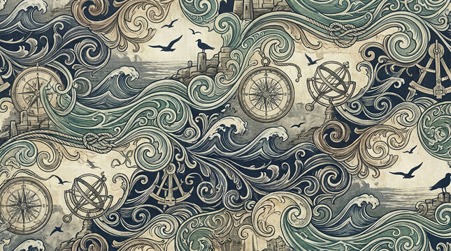 Nautical antique map style pattern with sea waves and vintage navigational instruments.