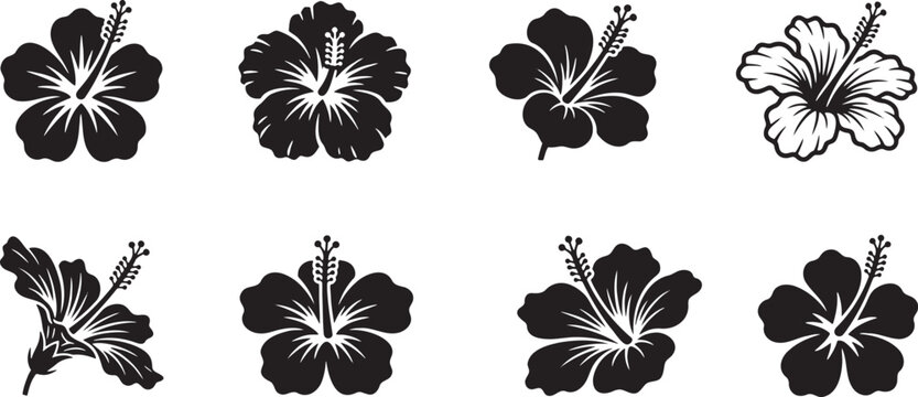 Tropical hibiscus flower heads silhouette collection for summer fashion textiles